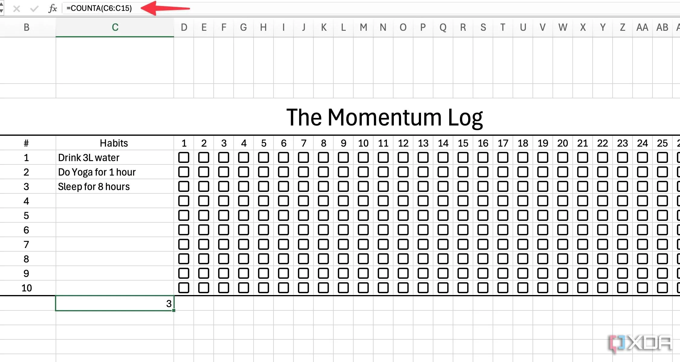 Sử dụng hàm COUNTA trong Excel để tự động đếm tổng số thói quen đã được thêm vào danh sách.