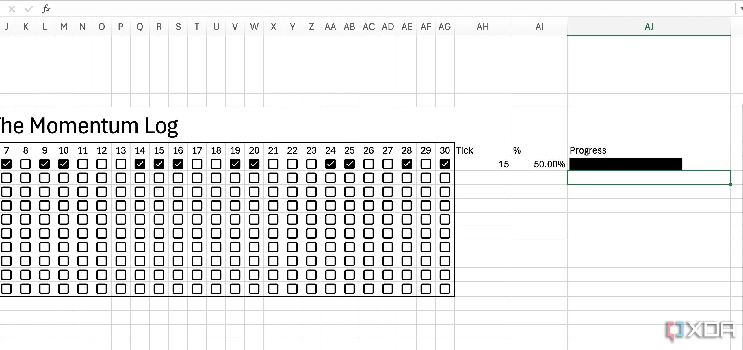 Sử dụng hàm REPT trong Excel để tạo thanh tiến độ trực quan, biểu thị mức độ hoàn thành thói quen.