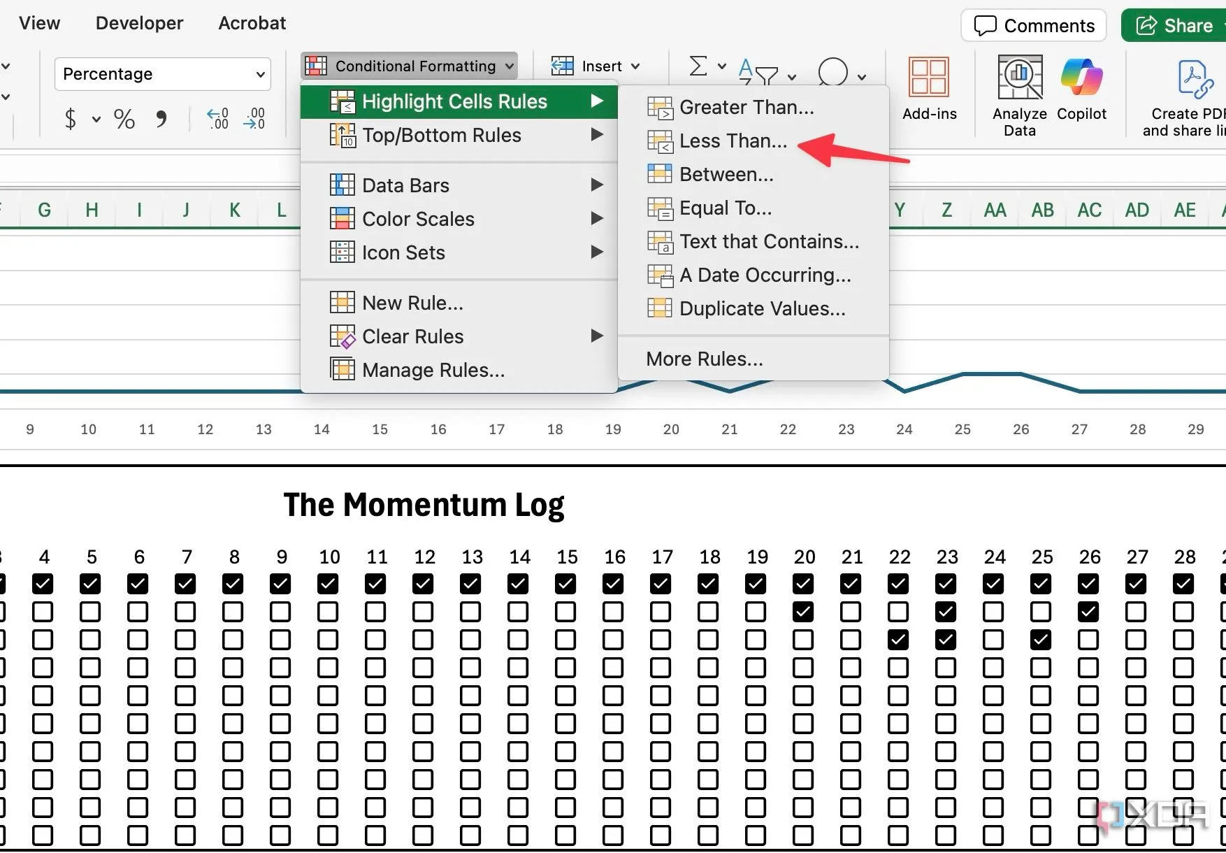 Thao tác truy cập tính năng Định dạng có điều kiện (Conditional Formatting) trong Excel để tô màu tự động cho dữ liệu.