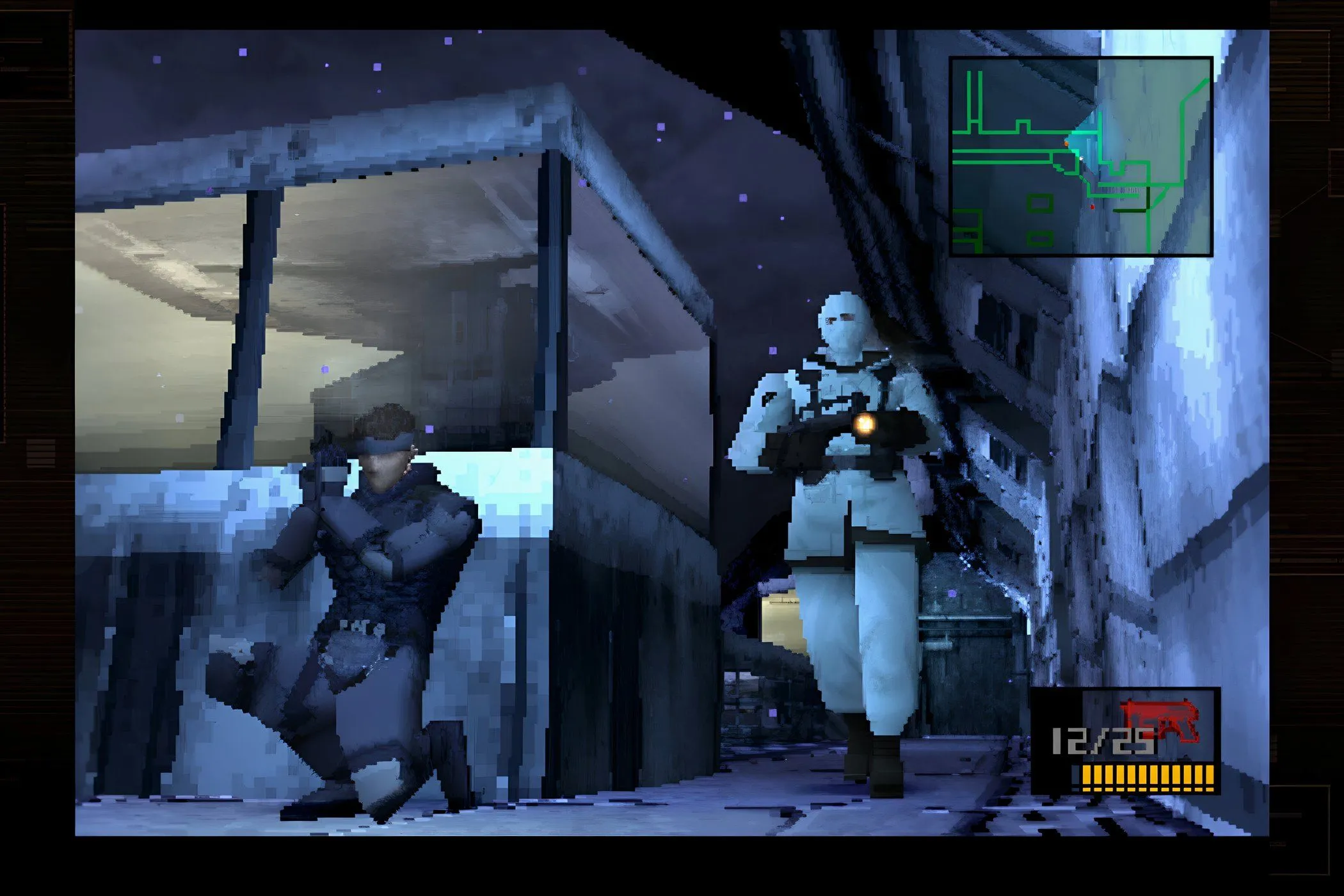Thế giới ngầm: Một cảnh game Metal Gear Solid năm 1998, với nhân vật chính đang lén lút trong một khu vực tuần tra của kẻ địch.