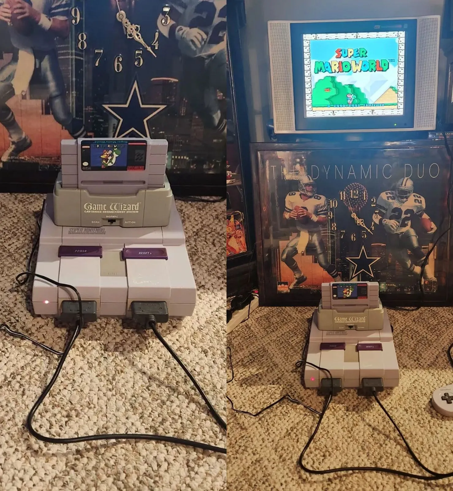 Thiết bị Game Wizard cắm vào máy SNES đang hiển thị trên màn hình TV, minh họa cách hoạt động của một cheat device