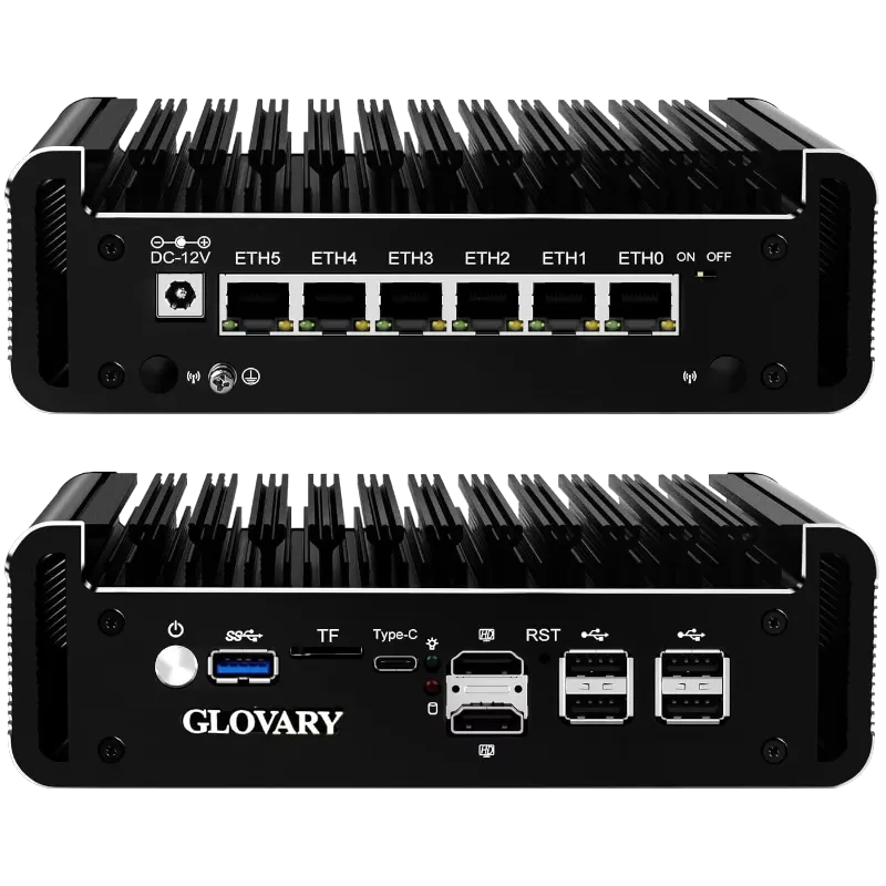 Thiết bị tường lửa Glovary N100 6L màu đen với 6 cổng mạng 2.5GbE, giải pháp bảo mật và quản lý mạng hiệu quả