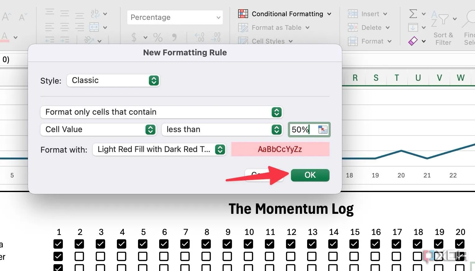 Thiết lập điều kiện và kiểu định dạng trong Excel để làm nổi bật các ngày có tỷ lệ hoàn thành thói quen dưới 50%.