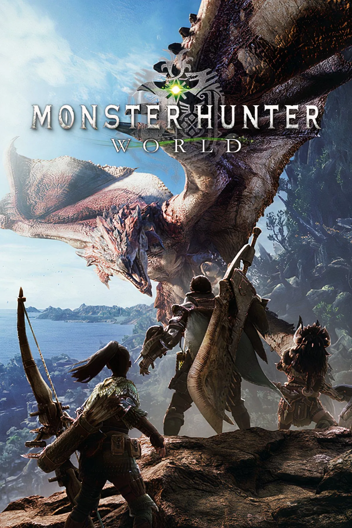 Thợ săn đối đầu với một con quái vật lớn trong thế giới của Monster Hunter World