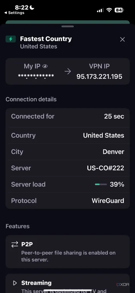 Thống kê kết nối VPN của Proton VPN, cung cấp chi tiết về hiệu suất và dữ liệu đã sử dụng.