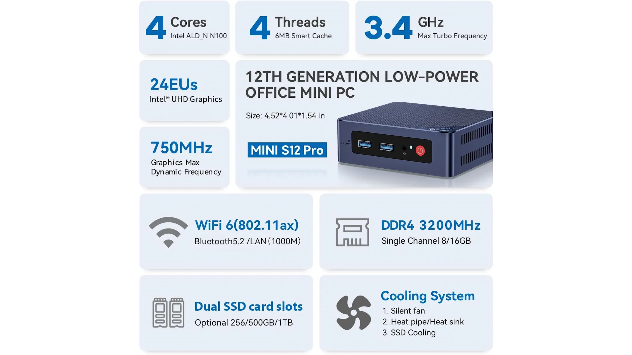 Thông số kỹ thuật chi tiết của Beelink Mini S12 Pro Mini PC bao gồm bộ xử lý Intel N100, RAM và dung lượng lưu trữ SSD