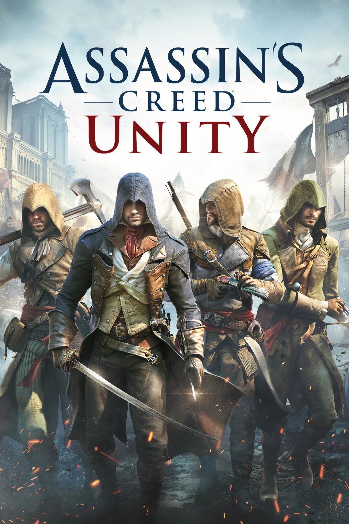 Thủ lĩnh Assassin's Creed Unity đứng giữa quảng trường Paris mờ ảo trong khói súng và kiến trúc cổ điển.