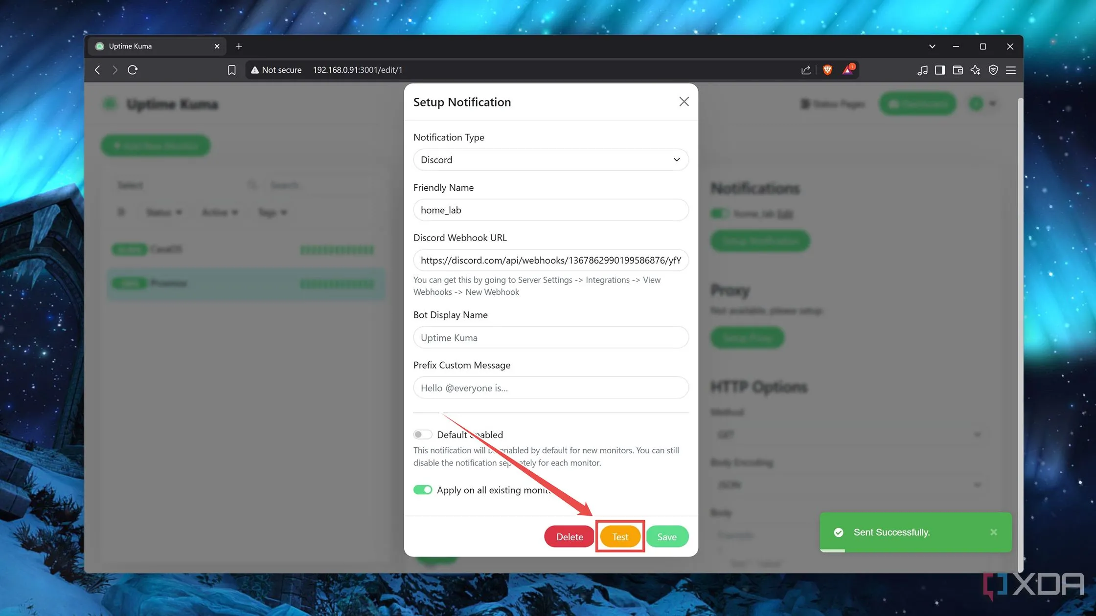 Thử nghiệm gửi thông báo từ Uptime Kuma đến Discord để xác nhận cài đặt thành công.