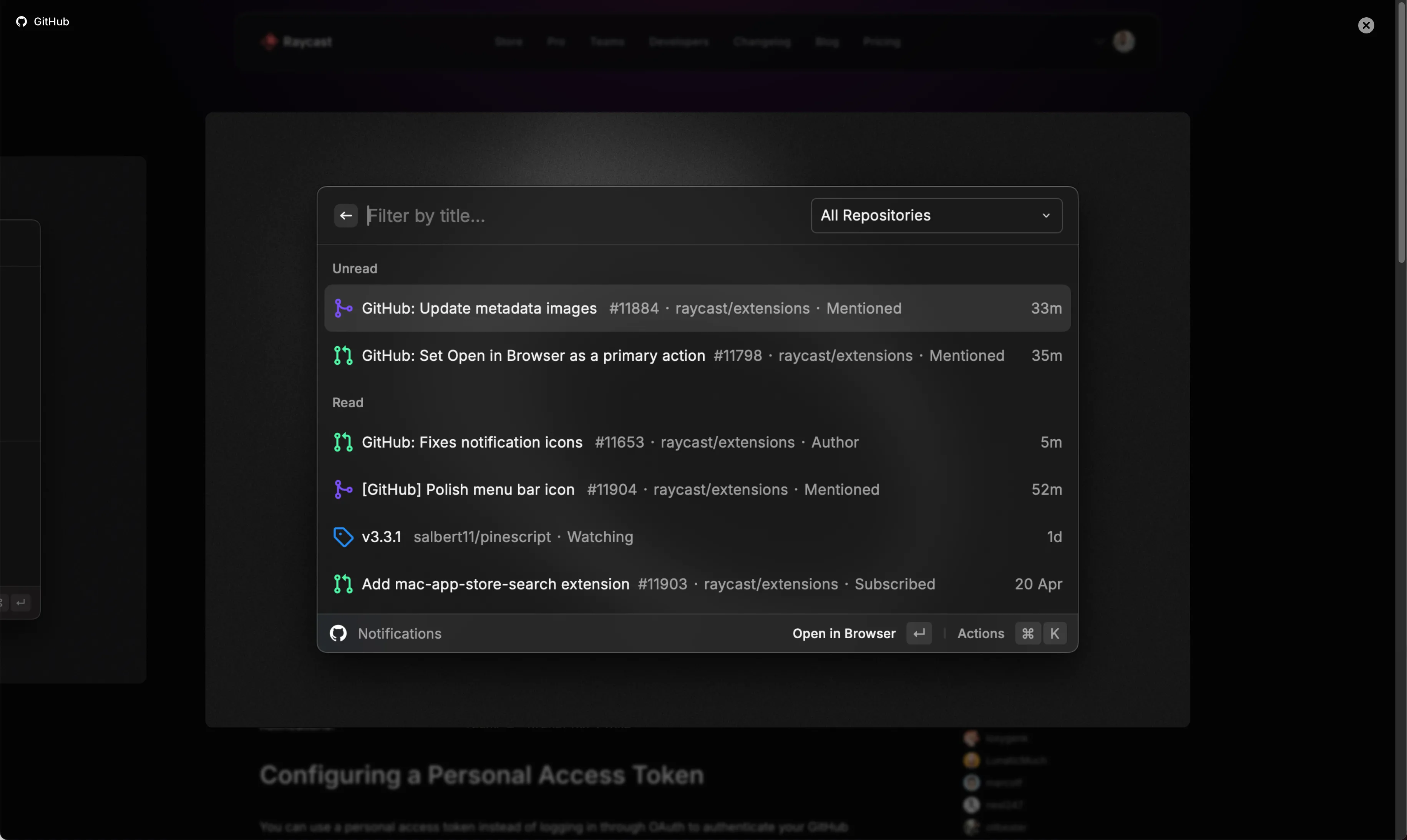 Tiện ích GitHub trong Raycast giúp quản lý mã nguồn và theo dõi dự án