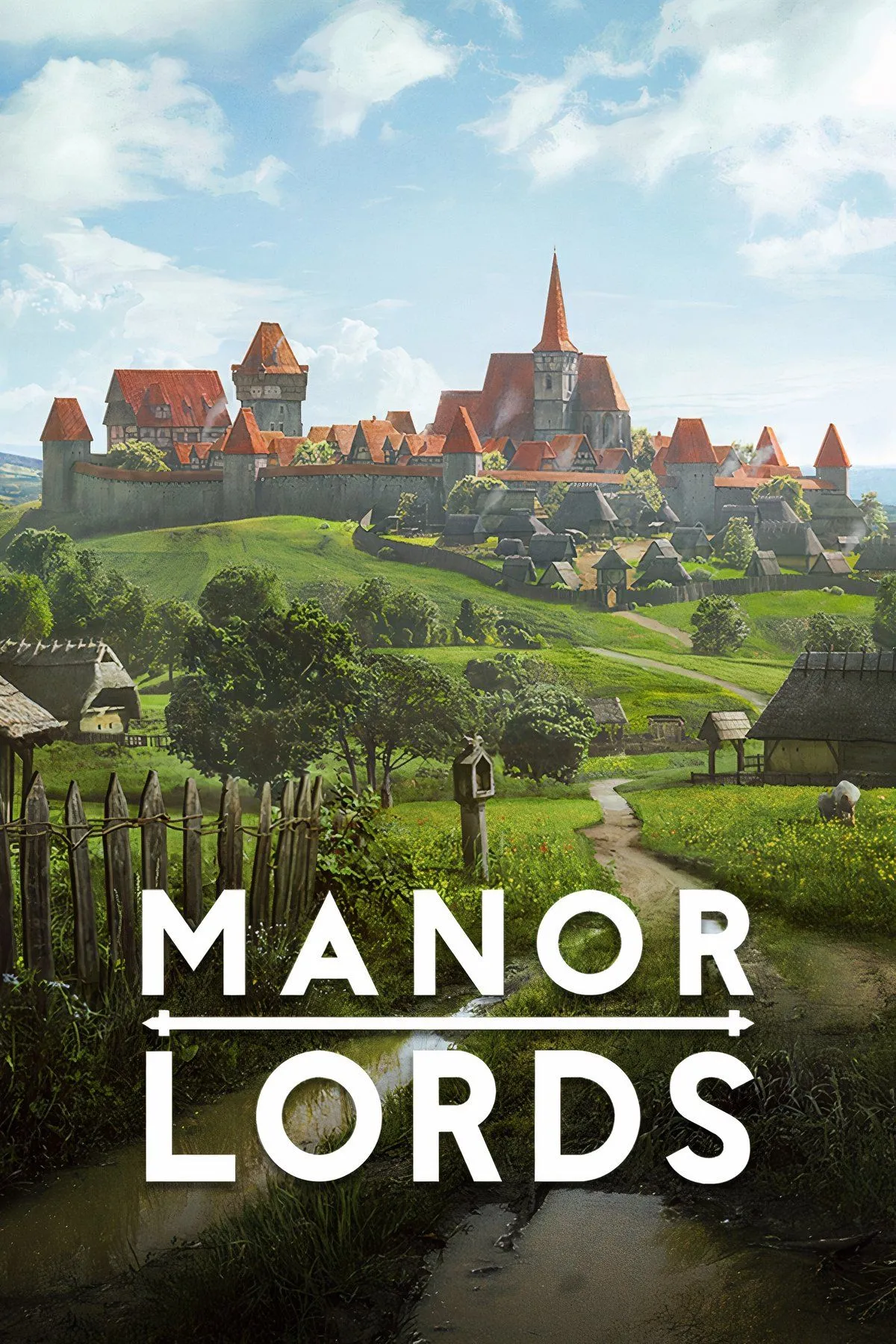 Toàn cảnh một làng quê trung cổ trong Manor Lords với các nhà cửa, cánh đồng và tường thành