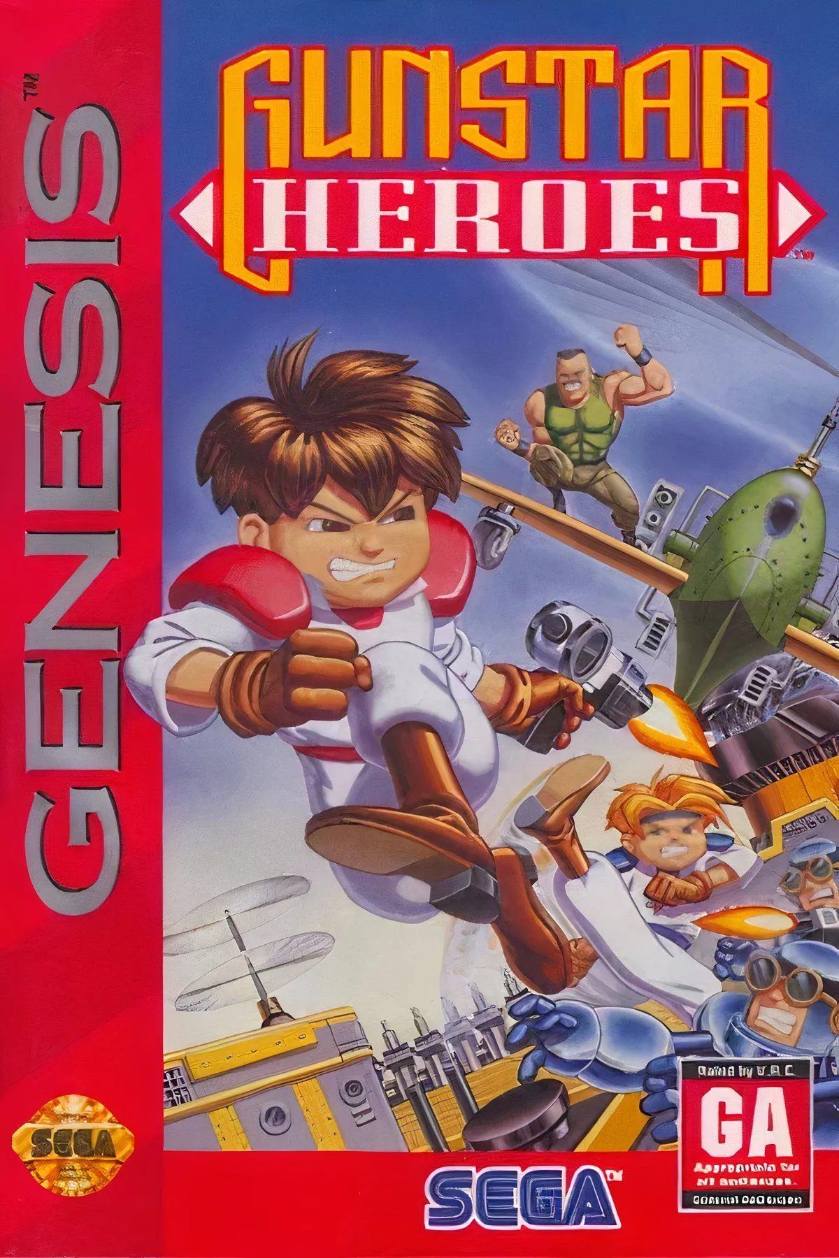 Tổng hợp các cảnh gameplay của Gunstar Heroes, thể hiện đồ họa màu sắc rực rỡ và hành động bắn súng dữ dội