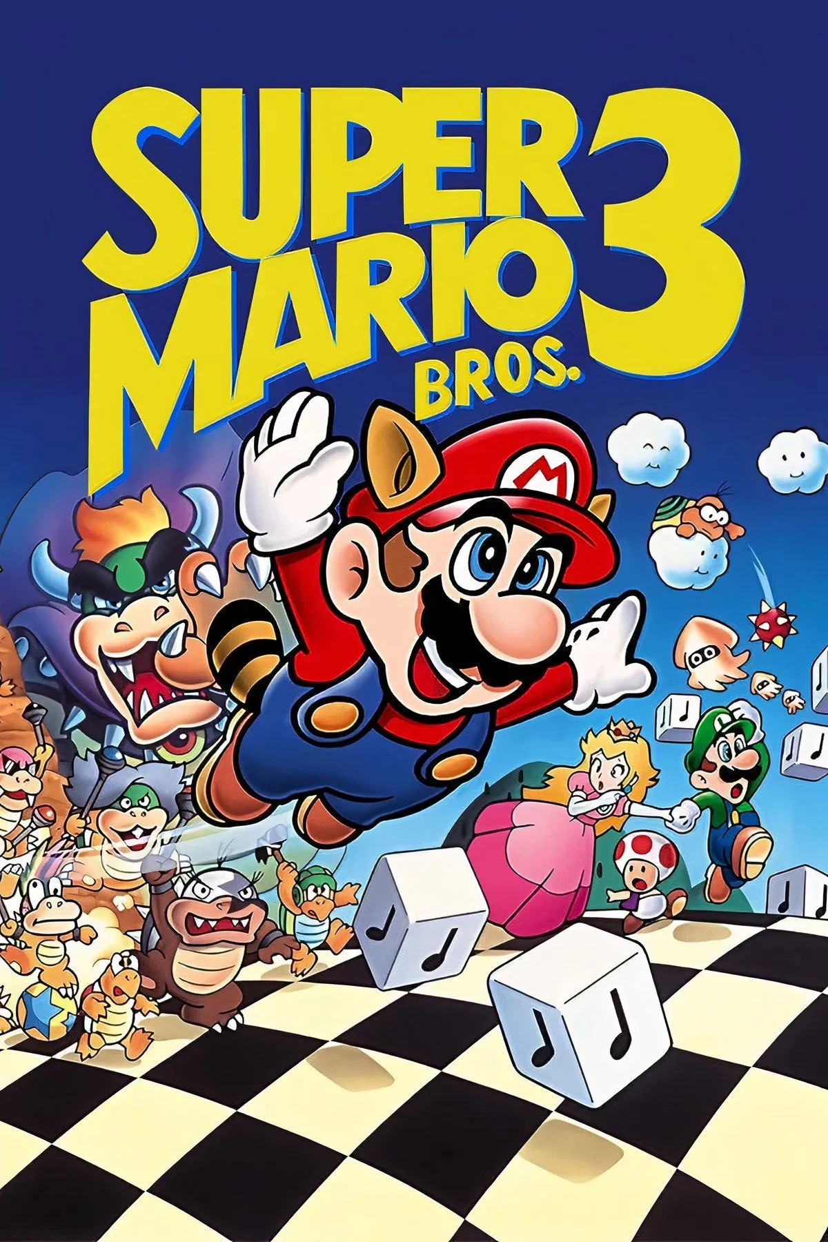 Tổng hợp các cảnh gameplay từ Super Mario Bros. 3, cho thấy sự đa dạng của các thế giới, Power-ups như Tanooki Suit, và bản đồ Overworld.