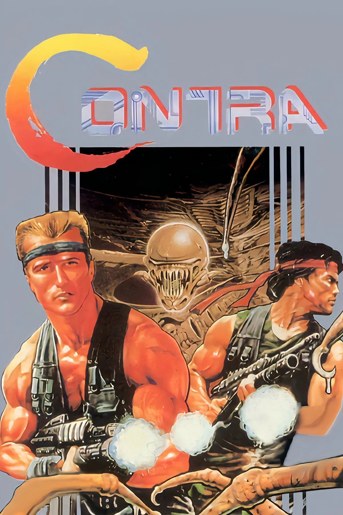 Tổng hợp các cảnh hành động và bắn súng trong Contra trên NES, một tựa game run-and-gun kinh điển với lối chơi tốc độ cao.