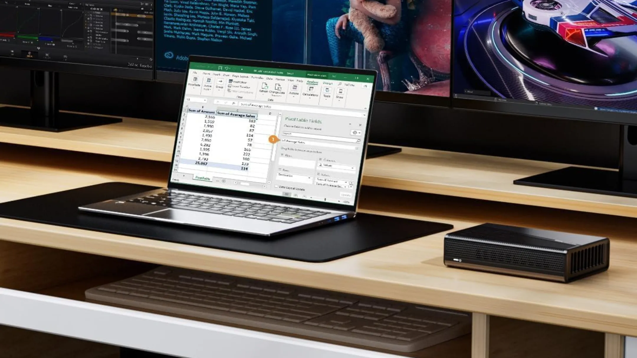 Trạm kết nối eGPU GMKtec AD-GP1 đặt trên bàn làm việc cạnh laptop, minh họa khả năng mở rộng đồ họa.