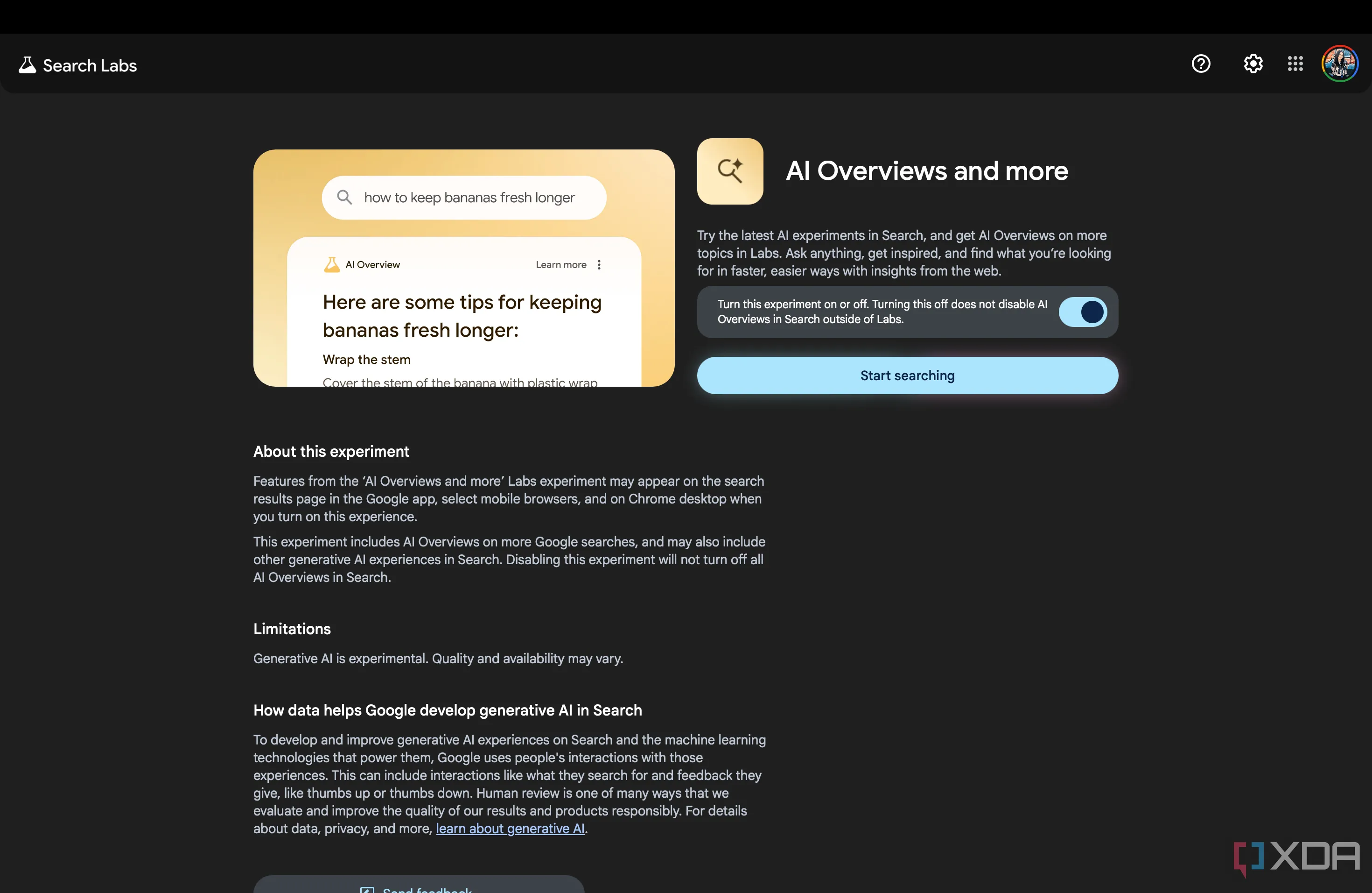 Trang Google Labs với tùy chọn bật/tắt các thử nghiệm AI, bao gồm tính năng Audio Overviews trên Google Search