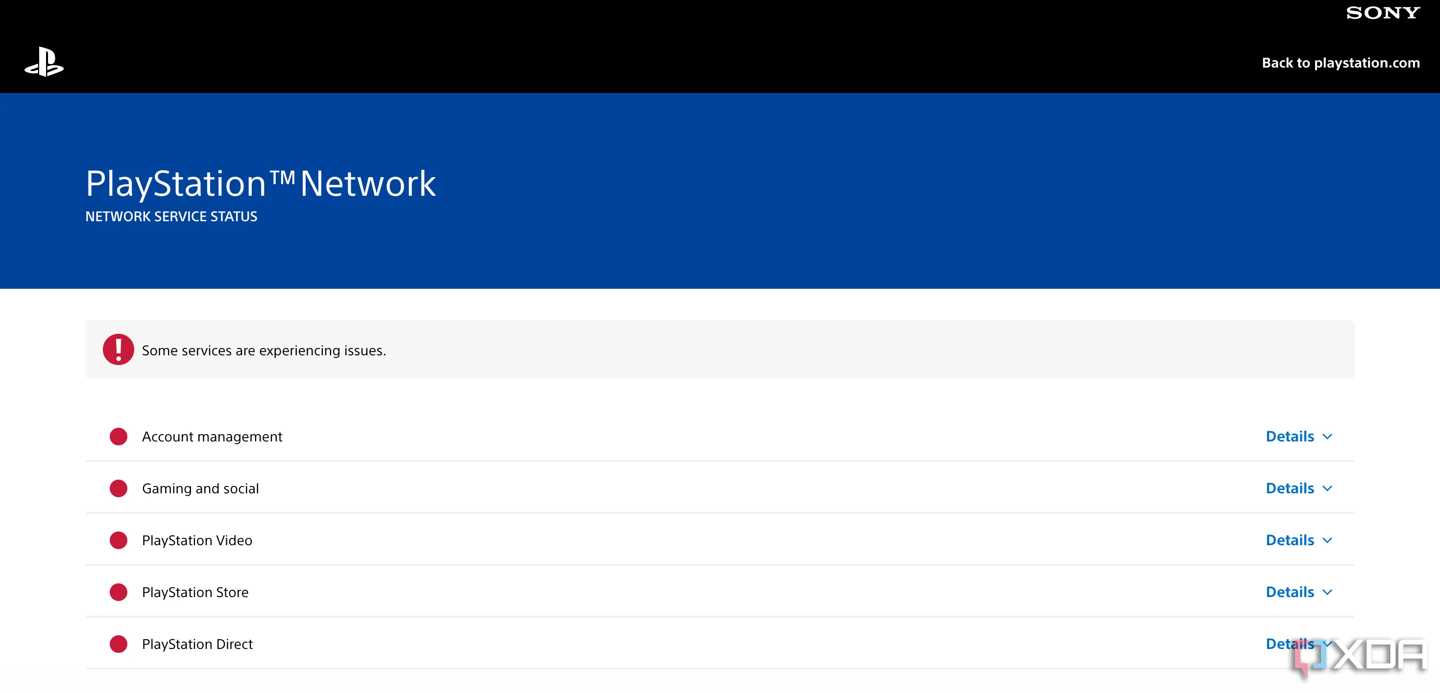Trang trạng thái dịch vụ PlayStation Network hiển thị các mục đang bị lỗi toàn cầu