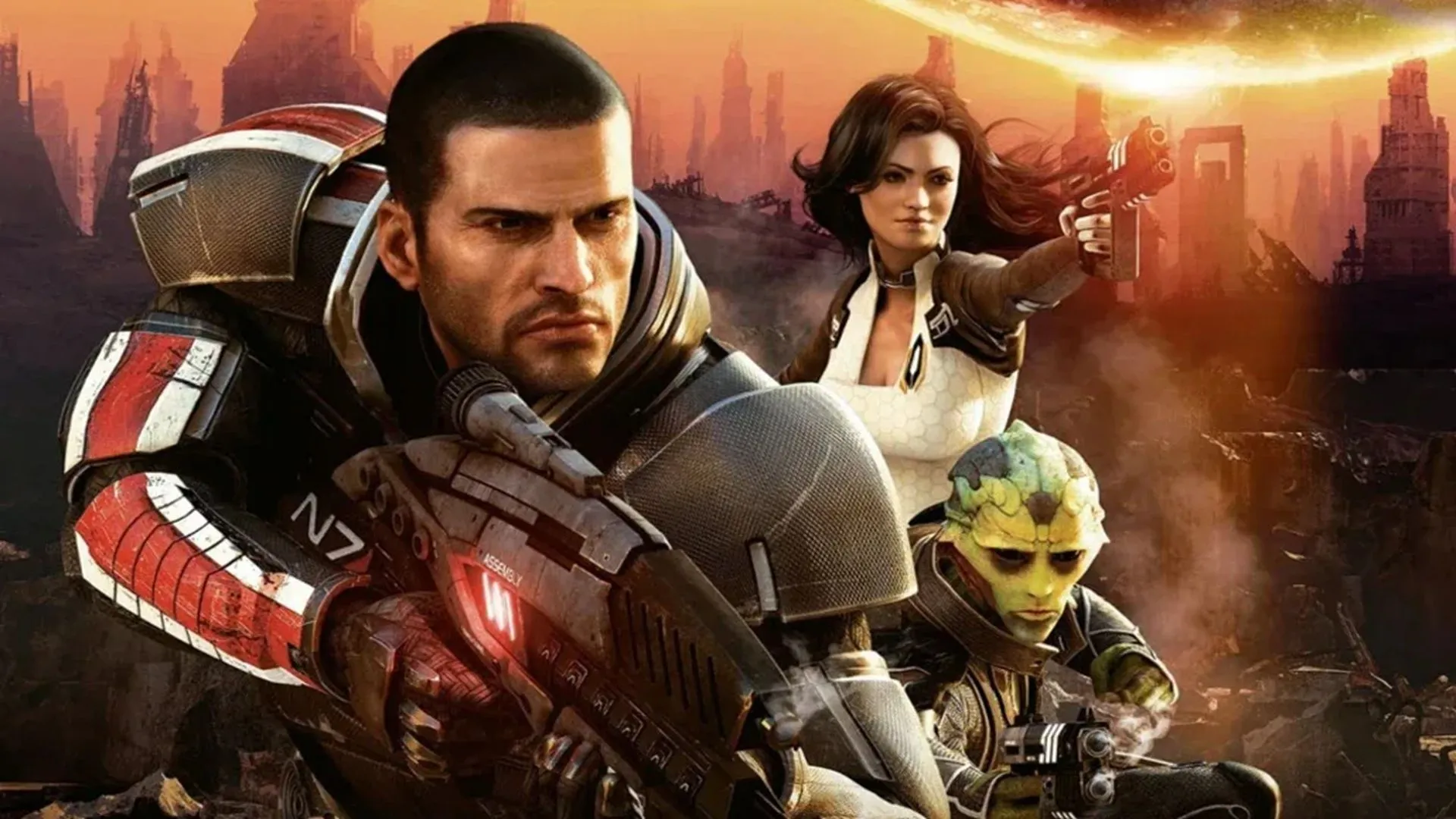 Tướng Shepard và đội hình trong một phân cảnh của game nhập vai Mass Effect 2.
