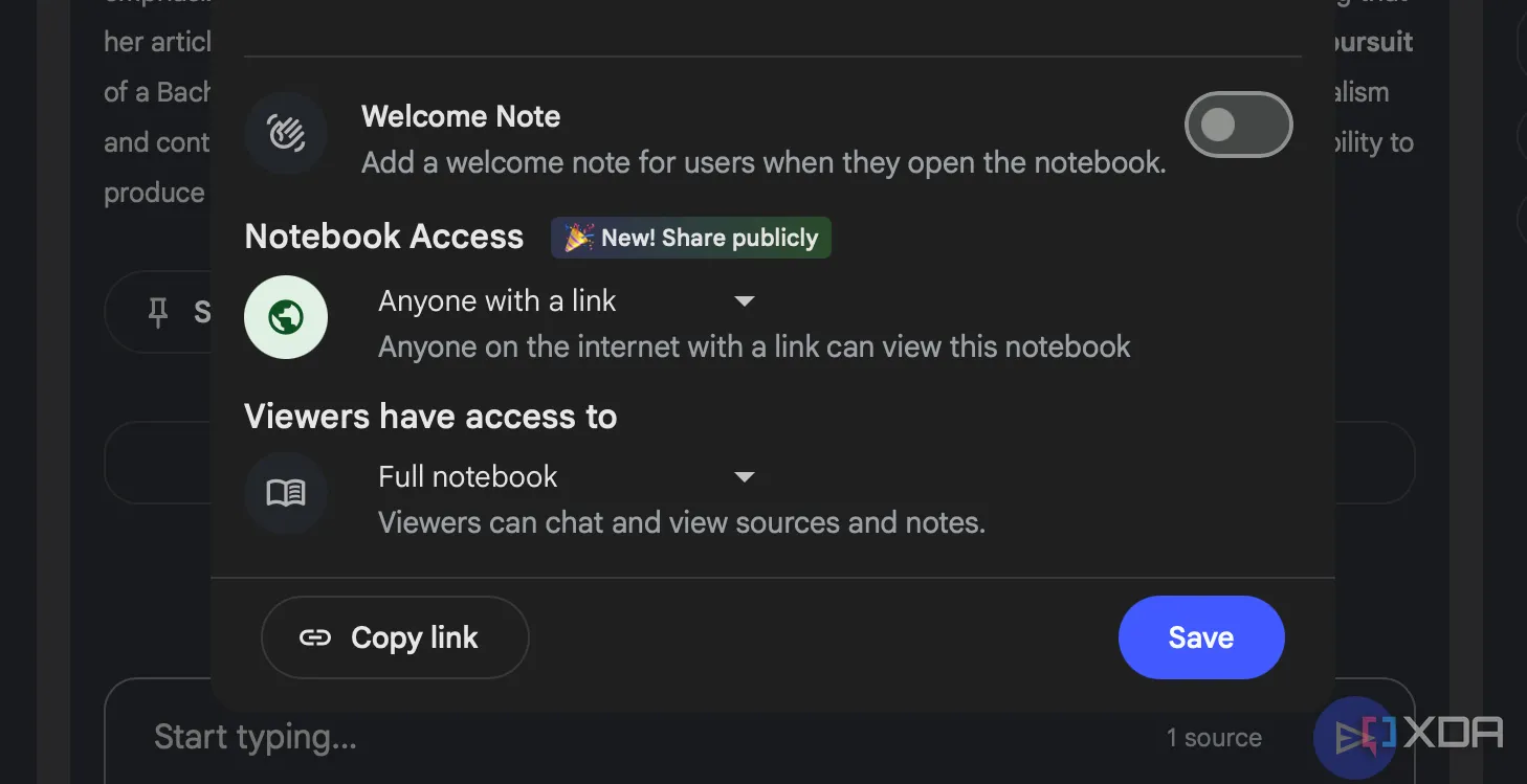 Tùy chọn chia sẻ tài liệu NotebookLM công khai với liên kết cho phép mọi người truy cập