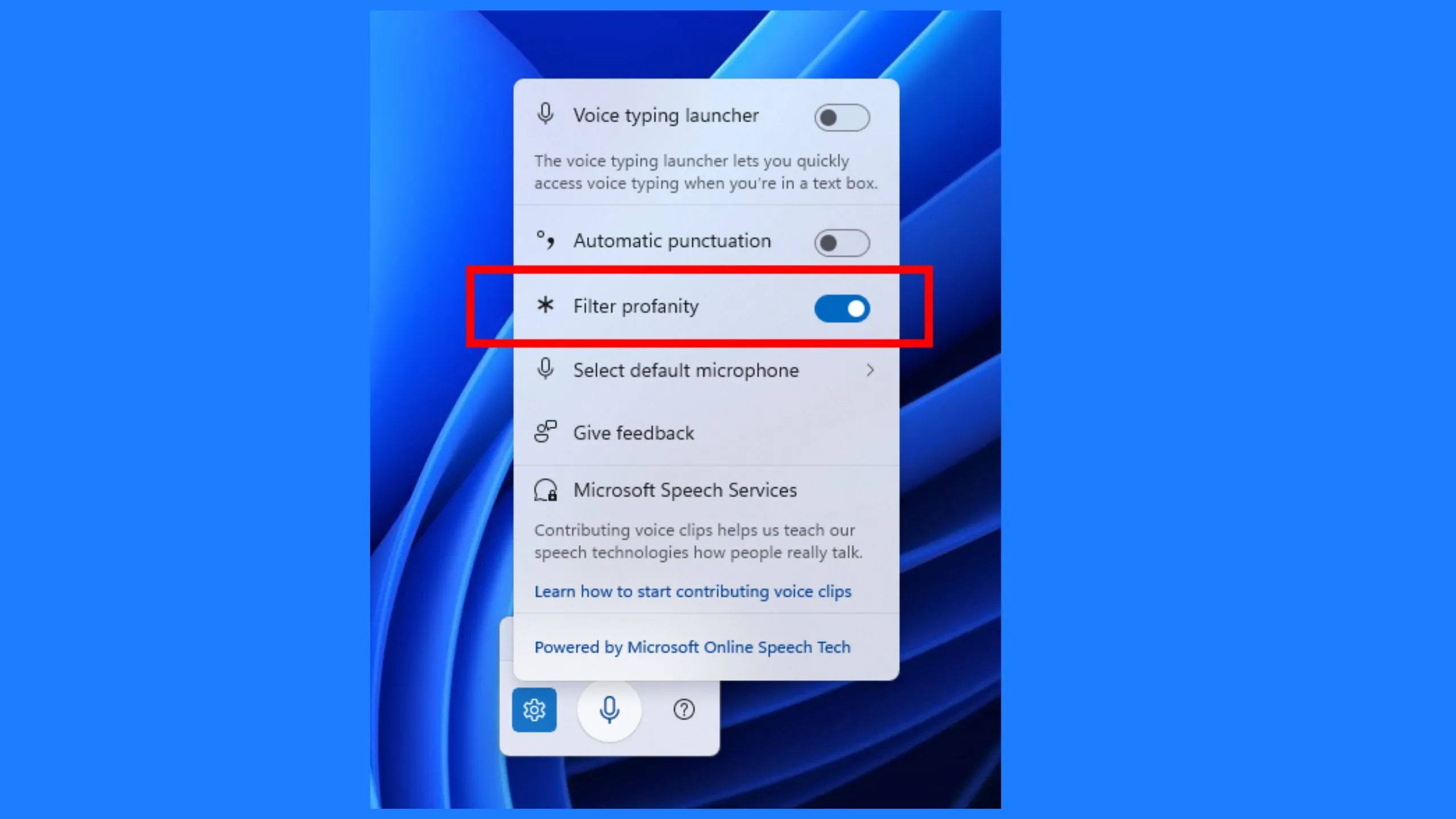 Tùy chọn tắt bộ lọc từ ngữ thô tục trong cài đặt gõ giọng nói Windows 11