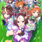 Umamusume Pretty Derby với các cô gái ngựa anime đang đua trên đường pitch xanh, thể hiện tinh thần tốc độ và năng động của game gacha.