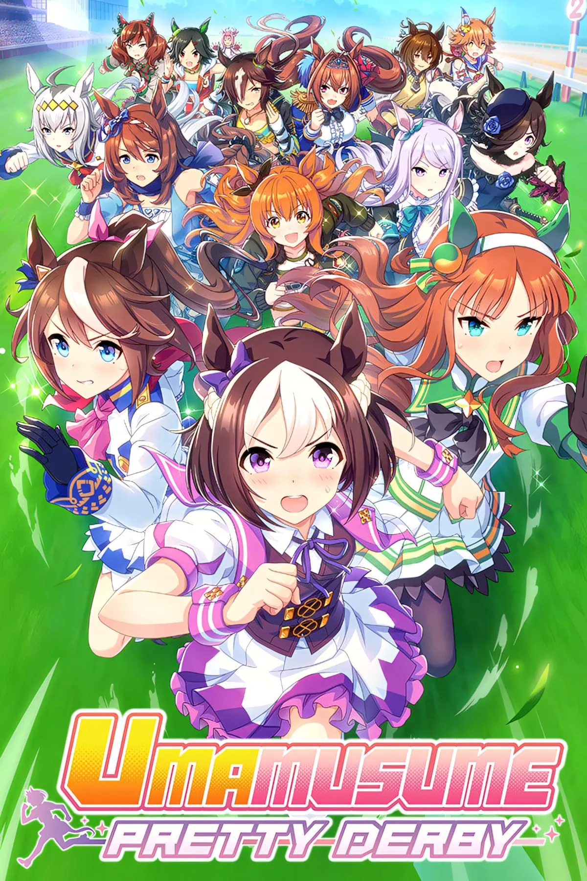 Umamusume Pretty Derby với các cô gái ngựa anime đang đua trên đường pitch xanh, thể hiện tinh thần tốc độ và năng động của game gacha.
