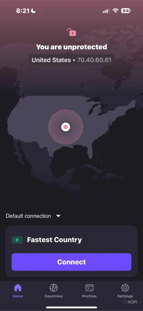 Ứng dụng Proton VPN đang hoạt động trên iPhone, với giao diện người dùng thân thiện.