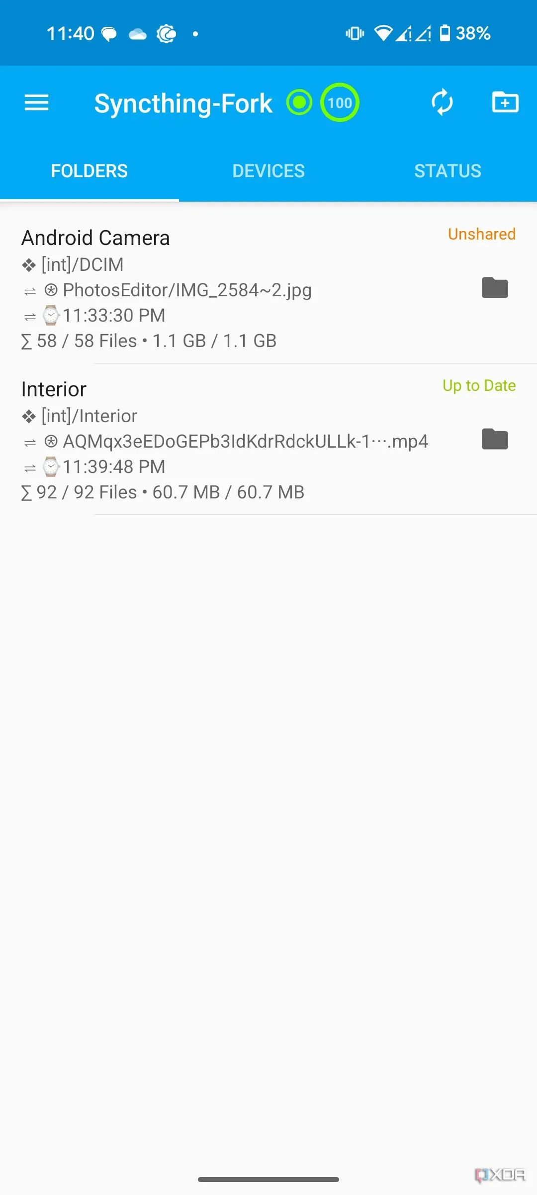 Ứng dụng Syncthing-Fork trên điện thoại Android, quản lý các thư mục đồng bộ.
