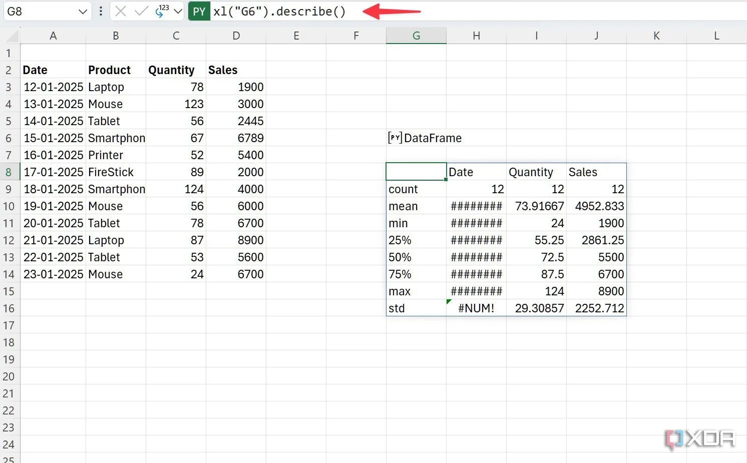 Ví dụ sử dụng phương thức describe() trong Python Excel để mô tả tổng quan dữ liệu