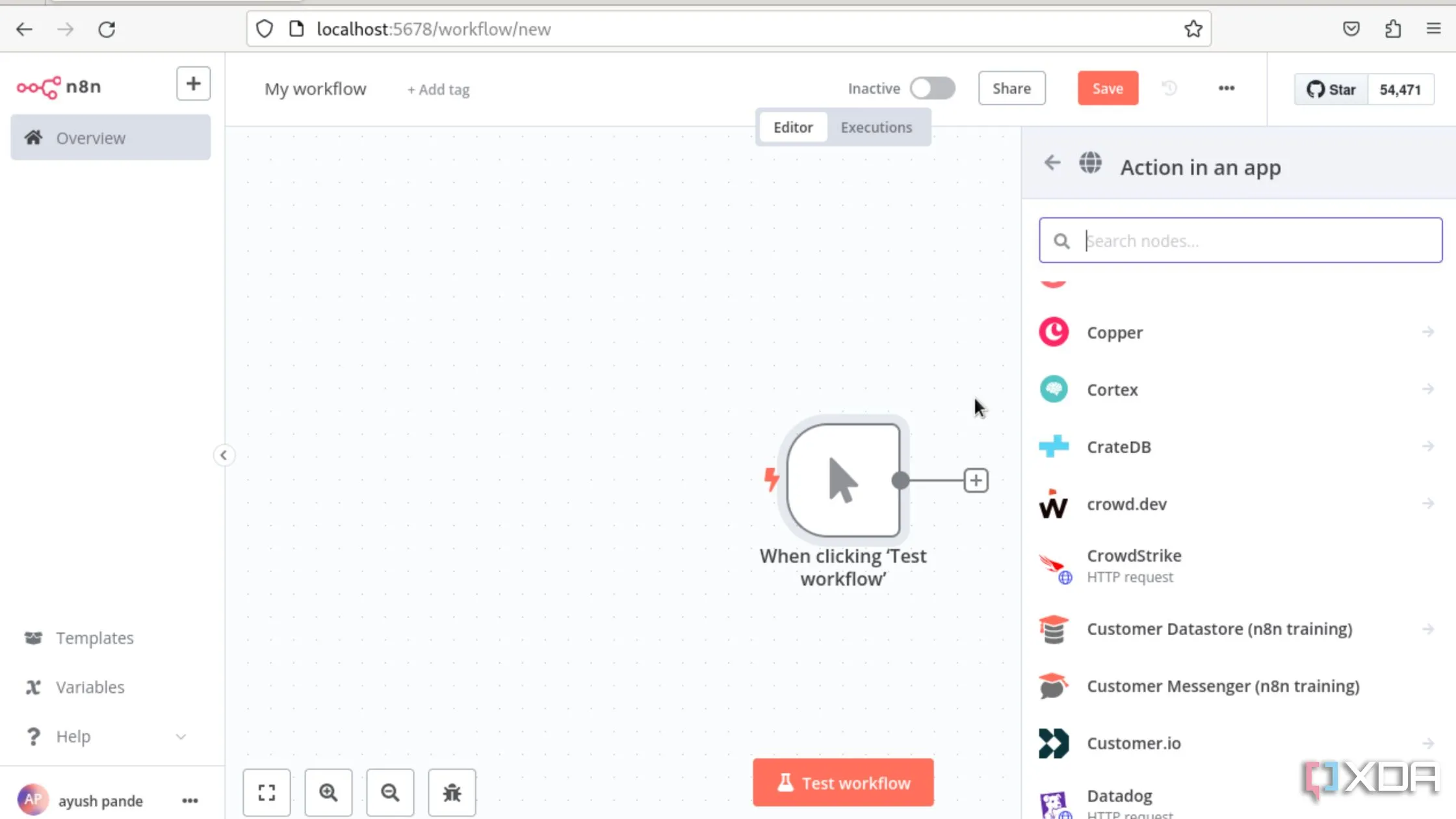 Ví dụ về cách tạo một quy trình làm việc (workflow) thử nghiệm trên giao diện n8n, thể hiện khả năng tùy biến của các công cụ tự động hóa.
