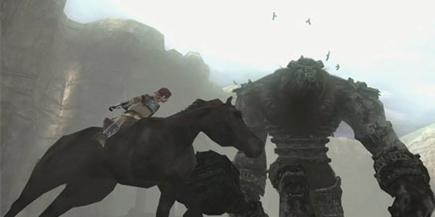 Wander cưỡi ngựa Agro tiếp cận một Colossus khổng lồ trong Shadow of the Colossus phiên bản PS2.