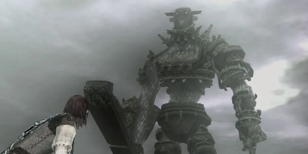 Wander đối đầu với Colossus thứ ba trong Shadow of the Colossus phiên bản PlayStation 2.