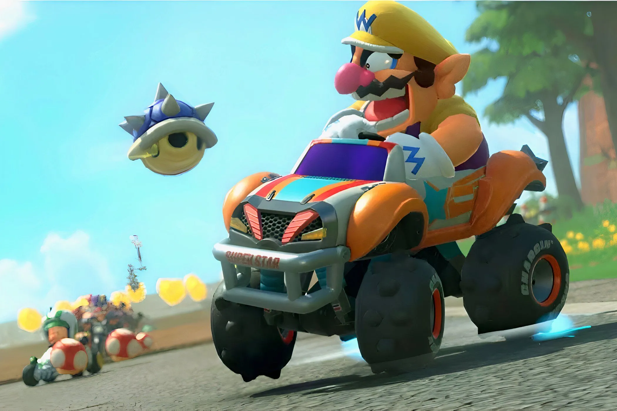 Wario tức giận khi nhìn thấy Mai Rùa Xanh đang bay tới tấn công trong một cuộc đua Mario Kart