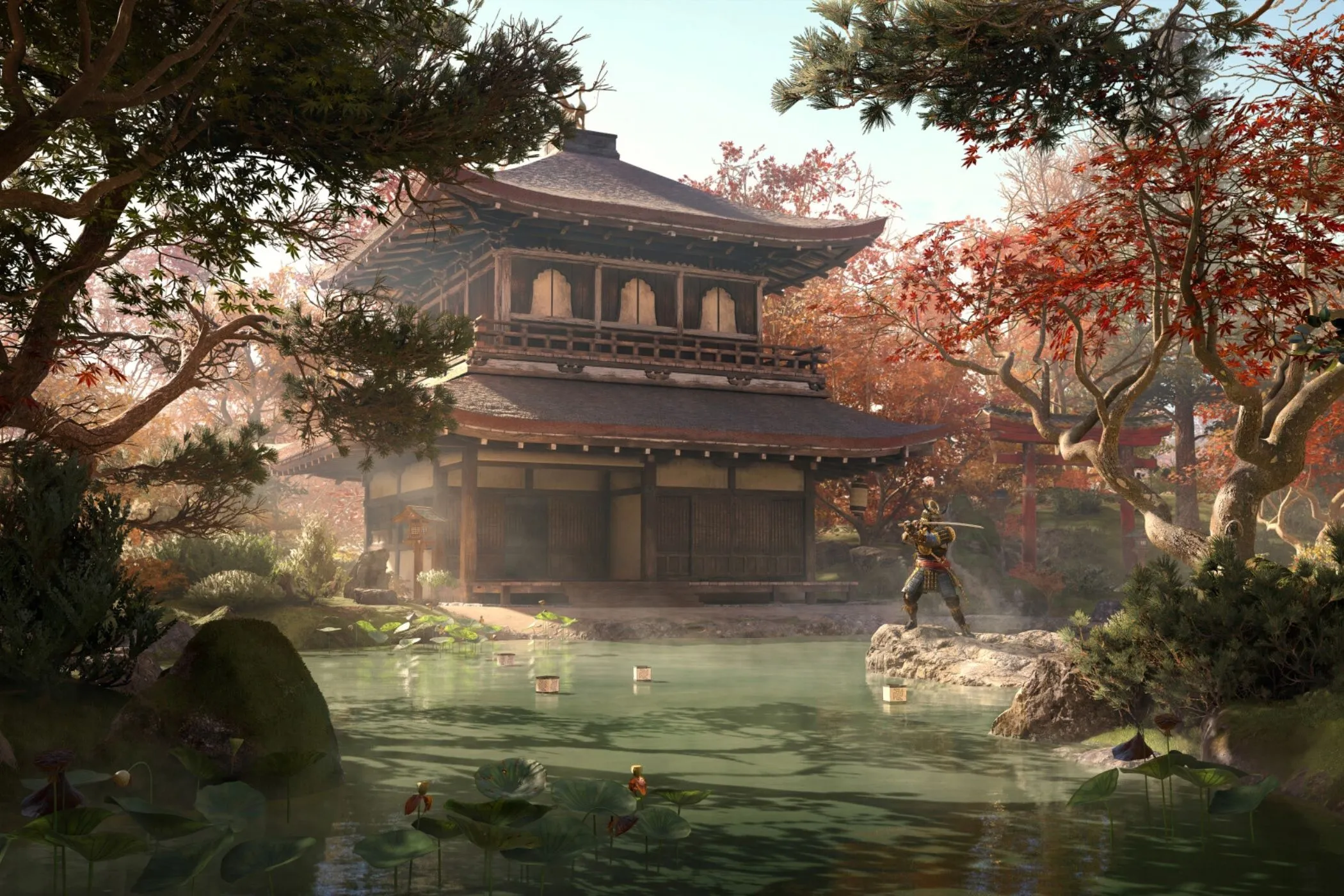 Yasuke đứng uy nghi tại một ngôi đền trong căn cứ Kakurega, biểu tượng của sự nâng cấp trong Assassin's Creed Shadows.