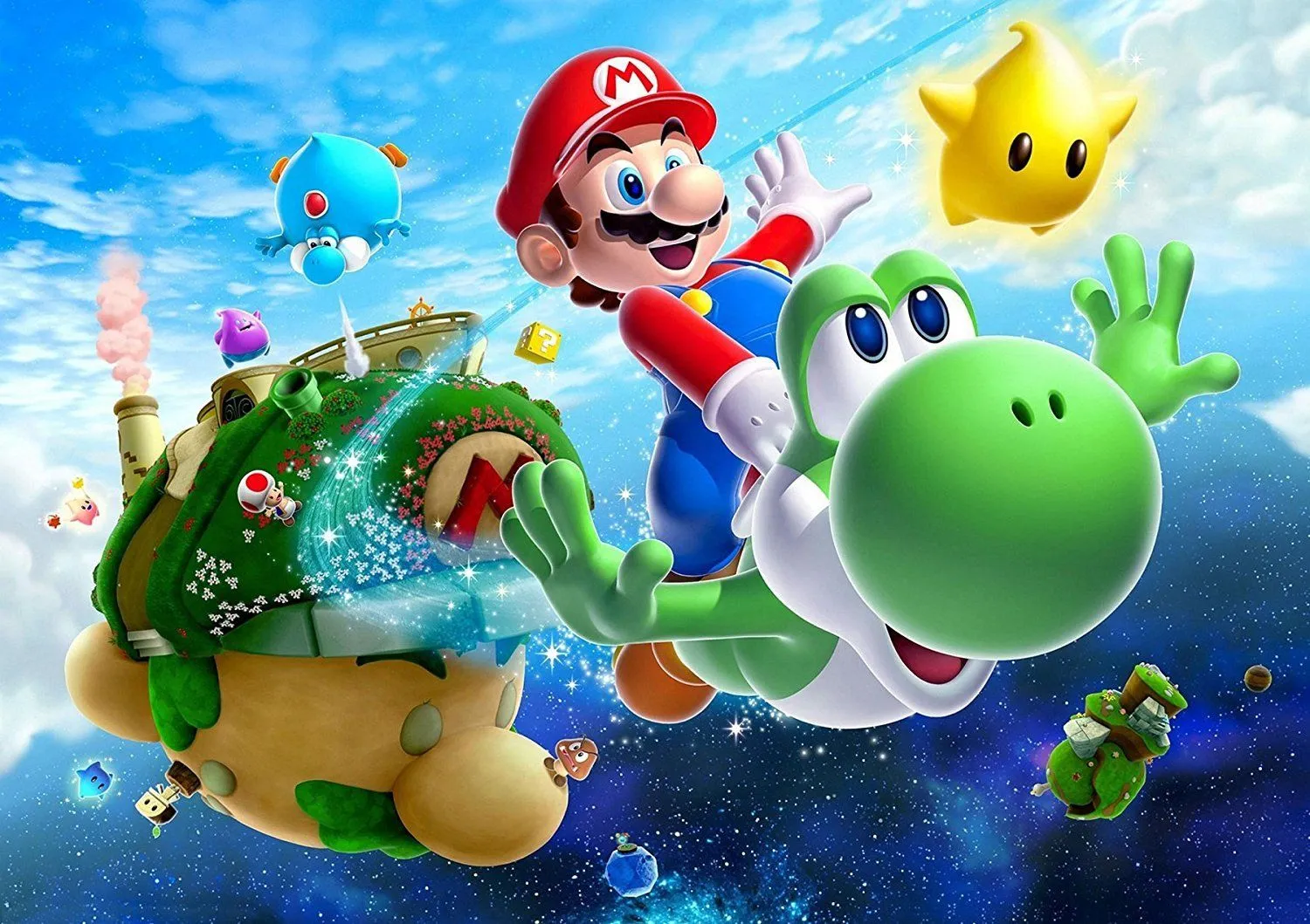 Yoshi trong Super Mario Galaxy 2 đang hỗ trợ Mario trên hành trình không gian