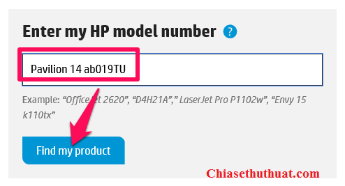 Nhập tên Model laptop HP rồi nhấn nút Find my product